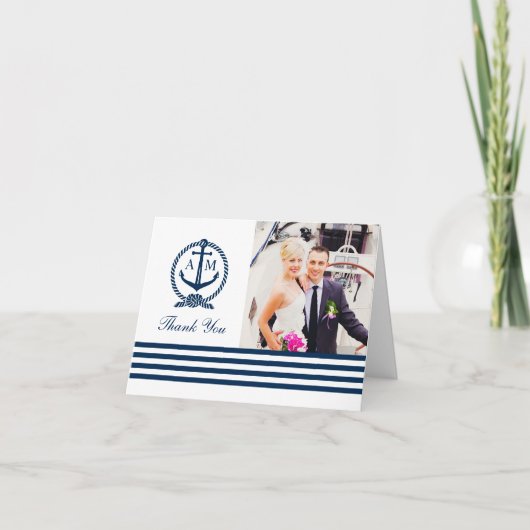 Monogram Navy Nautical Wedding Bedankkaart (Voorkant)