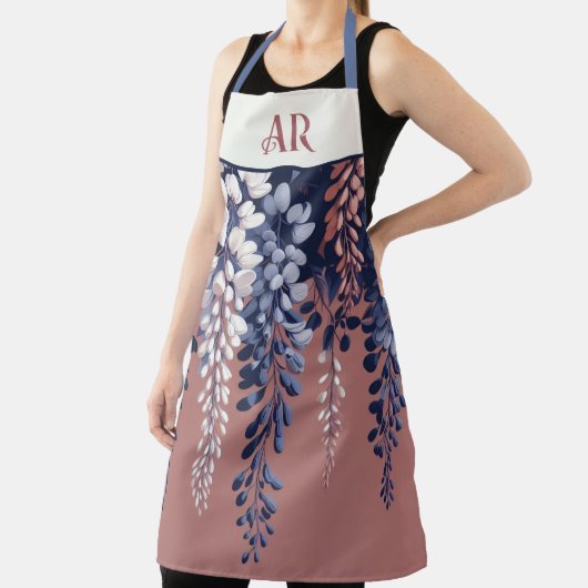 Monogram Navy Roos Wisteria Elegantie Schort (Insitu)