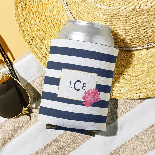 Monogram Navy Stripe & Pink Peony Blikjeskoeler