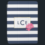 Monogram Navy Stripe & Pink Peony iPad Air Cover<br><div class="desc">Deze iPad-cover is voorzien van een doorgewinterde blauw en witte horizontale stripe achtergrond en een roze pony in aantrekkelijke waterverven. Een faux gouden grens omringt je drie initiaal monogram bij de marine. Coördineert met onze kantoorbenodigdheden van Navy Stripe & Pink Peony, papierproducten, thuisproducten en accessoires. OPMERKING: de goudgrens op dit...</div>