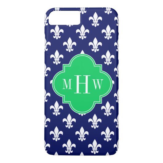 Monogram Navy Wht Fleur de Lis Emerald 3 Initiaal Case-Mate iPhone Case (Achterkant)