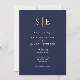 Monogram Navyblauw En Goud All In One Trouwdag Kaart
