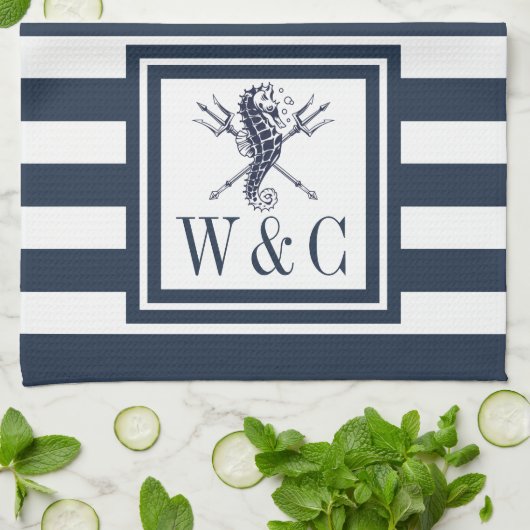 Monogram Navyblauw Gestreepte Zeepaardje Nautilus Theedoek (Gevouwen)