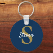 Monogram Navyblauw Goud Gepersonaliseerde Naam Sleutelhanger (Voorkant)
