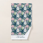 Monogram Navyblauw Roze Groen Wit Bloem Bloemen Bad Handdoek (Handdoek)