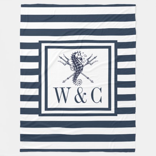 Monogram Navyblauwe Streep Nautische Zeepaard Fleece Deken (Voorkant)