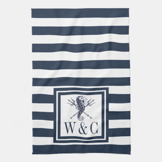 Monogram Navyblauwe Streep Zeepaard Scheepvaart Theedoek (Verticaal)