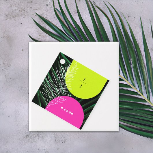 Monogram Neon Arches Palm Leaf Tropische bruiloft Bedankjes Labels