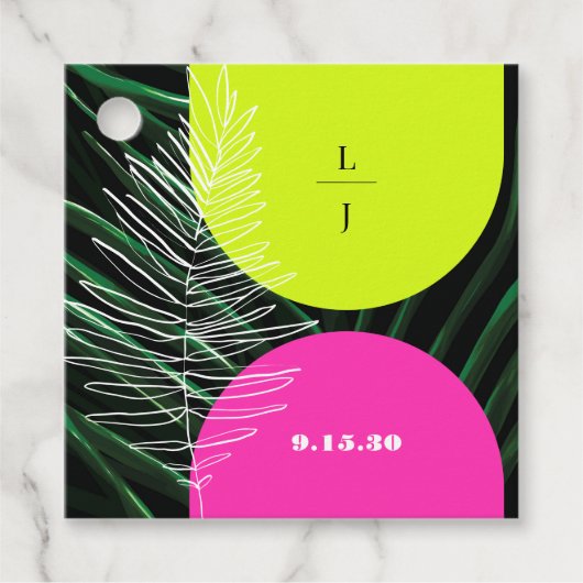 Monogram Neon Arches Palm Leaf Tropische bruiloft Bedankjes Labels (Voorkant)