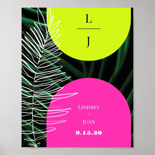 Monogram Neon Arches Tropische Palm Leaf Bruiloft Poster (Voorkant)