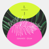 Monogram Neon Arches Tropische Palm Leaf Bruiloft Ronde Sticker (Voorkant)