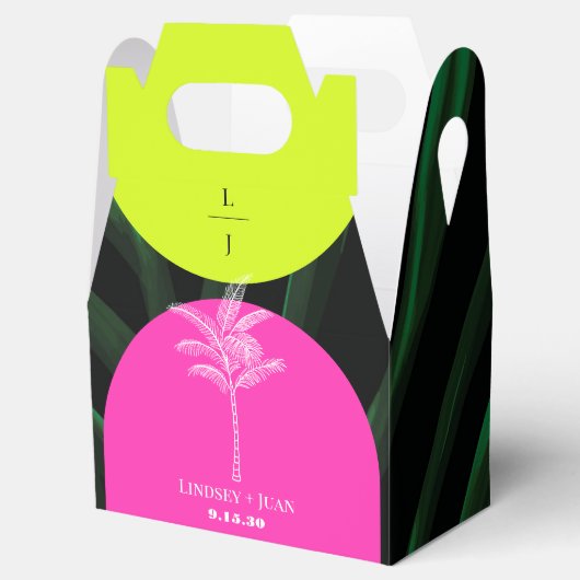 Monogram Neon Arches Tropische Palm Tree Bruiloft Bedankdoosjes (Geopend)