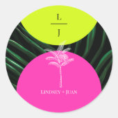Monogram Neon Arches Tropische Palm Tree Bruiloft Ronde Sticker (Voorkant)