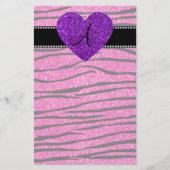 Monogram neon hete roze glitter zebra strepen roze briefpapier (Voorkant)