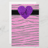 Monogram neon hete roze glitter zebra strepen roze briefpapier (Voorkant / Achterkant)