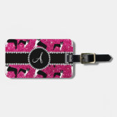 Monogram neon hot-roze glitter boston doodsbange bagagelabel (Voorkant horizontaal)