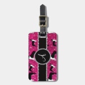 Monogram neon hot-roze glitter boston doodsbange bagagelabel (Voorkant verticaal)