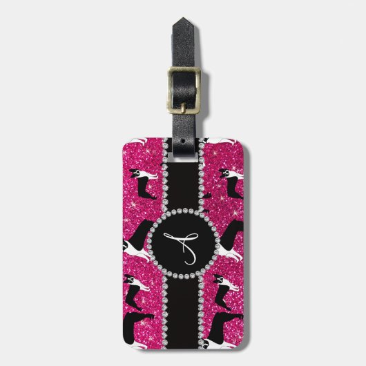 Monogram neon hot-roze glitter boston doodsbange bagagelabel (Voorkant verticaal)