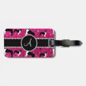 Monogram neon hot-roze glitter boston doodsbange bagagelabel (Achterkant horizontaal)