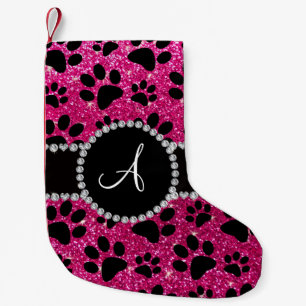 Monogram neon hotroze glitterhondenpoten kleine kerstsok