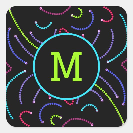 Monogram Neon Octagonal Bright Lichten Vierkante Sticker (Voorkant)