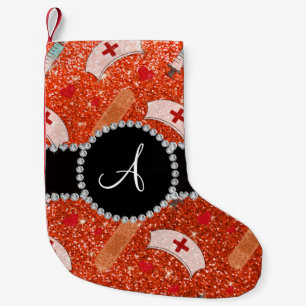 Monogram neon oranje glitter verpleegster pet hart kleine kerstsok