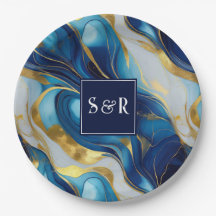 Monogram Nepgoud, Blauwe en Witte Marmer Bruiloft