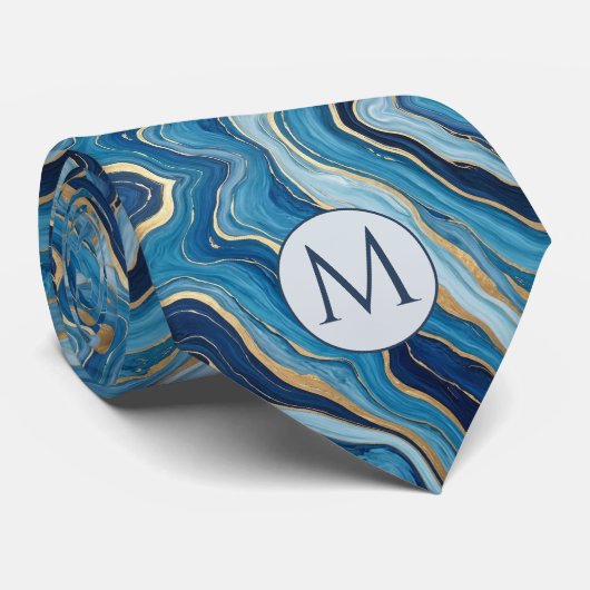 Monogram Nepzijde Heren Das | Blauw + Goud Marmer (Opgerold)