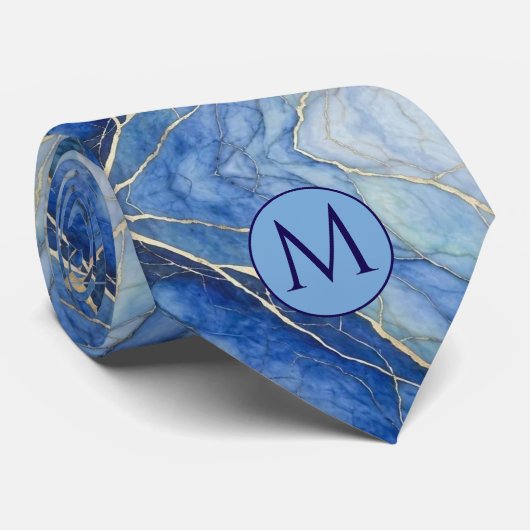 Monogram Nepzijde Heren Das | Blauw + Goud Marmer (Opgerold)
