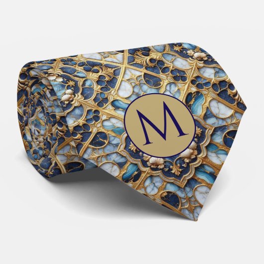Monogram Nepzijde Heren Das | Blauw + Goud Marmer (Opgerold)