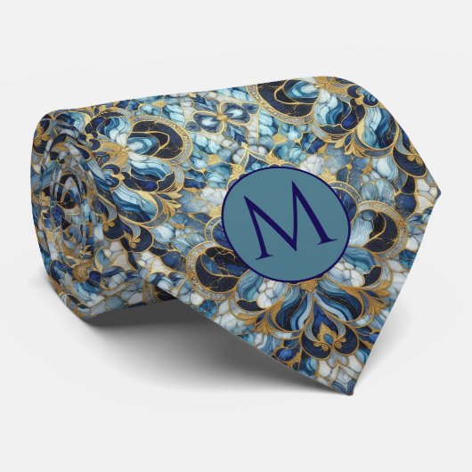 Monogram Nepzijde Heren Das | Blauw + Goud Marmer (Opgerold)