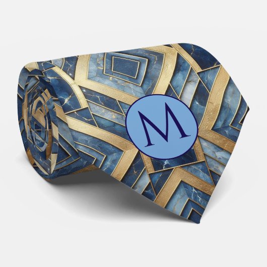 Monogram Nepzijde Heren Das | Blauw + Goud Marmer (Opgerold)
