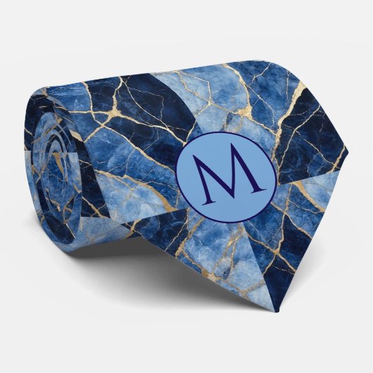 Monogram Nepzijde Heren Das | Blauw + Goud Marmer (Opgerold)