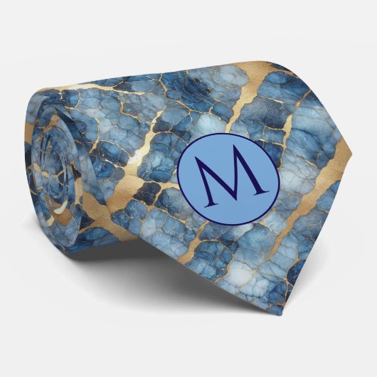 Monogram Nepzijde Heren Das | Blauw + Goud Marmer (Opgerold)