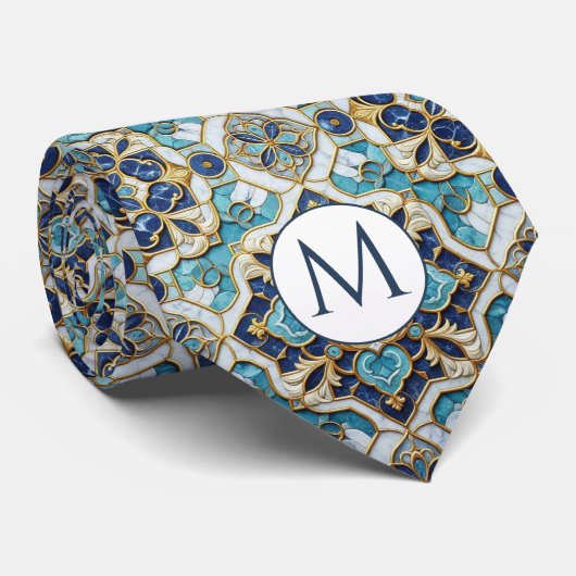 Monogram Nepzijde Heren Das | Blauw + Goud Marmer (Opgerold)