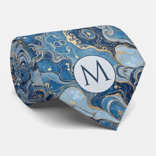 Monogram Nepzijde Heren Das | Blauw + Goud Marmer (Opgerold)