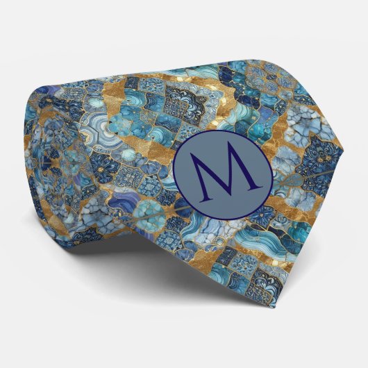 Monogram Nepzijde Heren Das | Blauw + Goud Marmer (Opgerold)