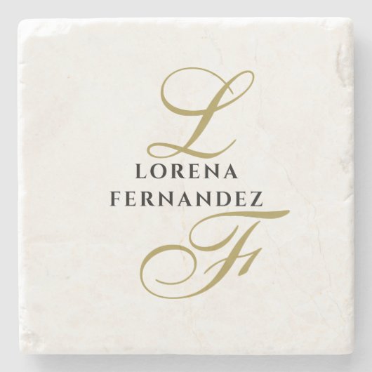 Monogram Neutraal Goud Zwart Naam Elegant Minimaal Stenen Onderzetter (Voorkant)