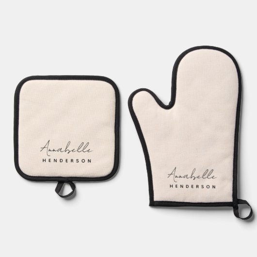 Monogram Neutraal | Modern minimalistisch stijlvol Ovenwant & Pannenlap Set (Voorkant)