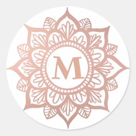Monogram Nieuw Roos Gouden Mandala Ronde Sticker (Voorkant)