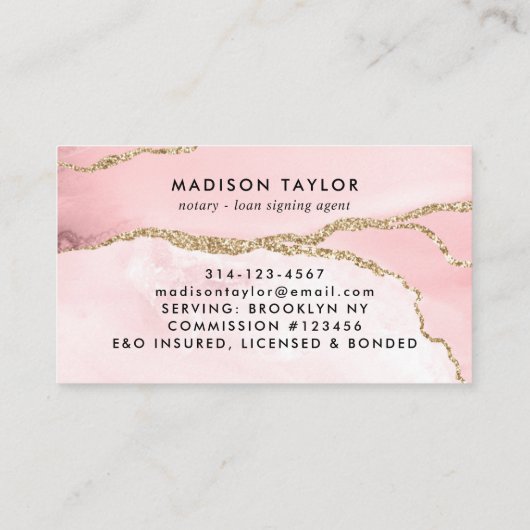 Monogram noteerbare leningsagent roze goudmarmer visitekaartje (Achterkant)