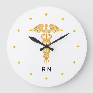 Monogram Nurse Golden Caduceus op wit Grote Klok