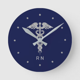 Monogram Nurse Silver Grey Caduceus op Navy Blue Ronde Klok