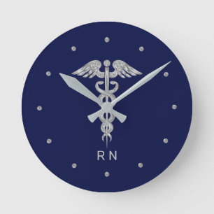 Monogram Nurse Silver Grey Caduceus op Navy Blue Ronde Klok