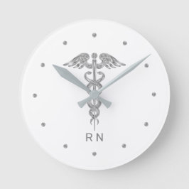 Monogram Nurse Silver Grey Caduceus op wit Ronde Klok