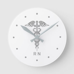 Monogram Nurse Silver Grey Caduceus op wit Ronde Klok
