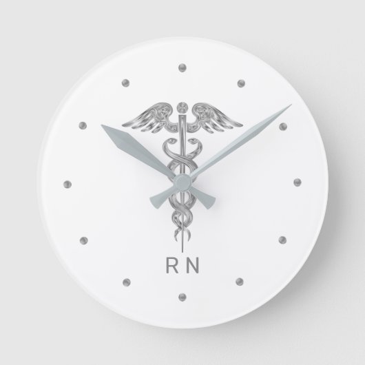 Monogram Nurse Silver Grey Caduceus op wit Ronde Klok (Voorkant)