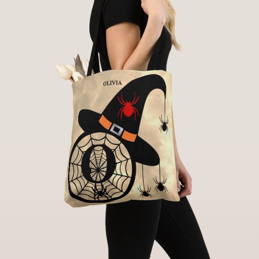 Monogram O Cloudy Witch Spiders Name All-Over Tote Bag (Dichtbij)