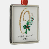 Monogram O Gold Glitter Kerstmis Holly Foliage Metalen Ornament (Rechts)