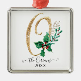 Monogram O Gold Glitter Kerstmis Holly Foliage Metalen Ornament